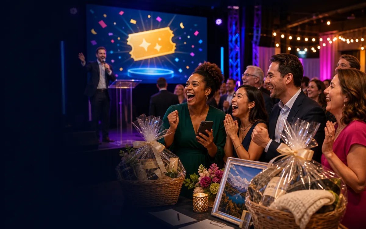 Guests cheering as a raffle winner is announced on screen at a fundraiser, with prize baskets on the table