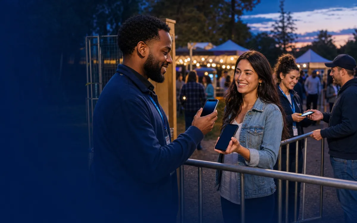 A gate volunteer scanning an attendee's phone QR at an outdoor evening event entrance
