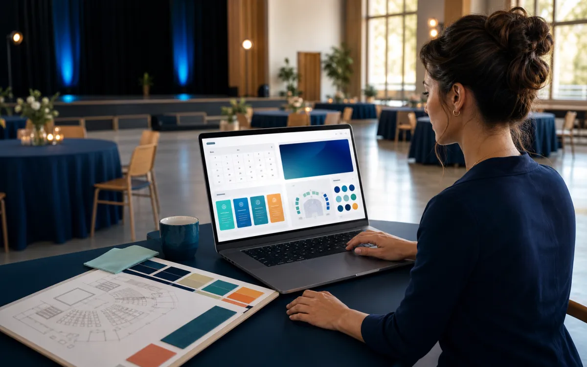 An organizer setting up an event on a laptop in an empty banquet hall, with a seating chart and brand colors on screen