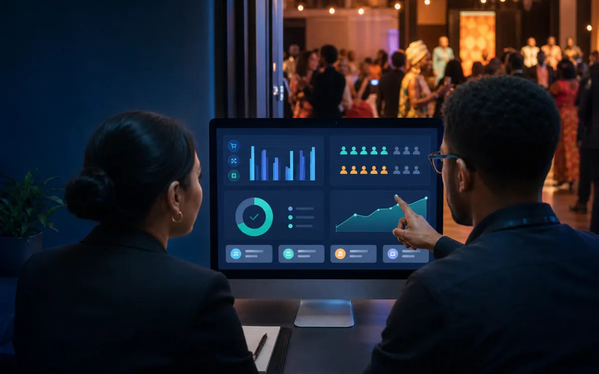 Two event staff reviewing a live dashboard of sales and check-ins while the event runs behind them