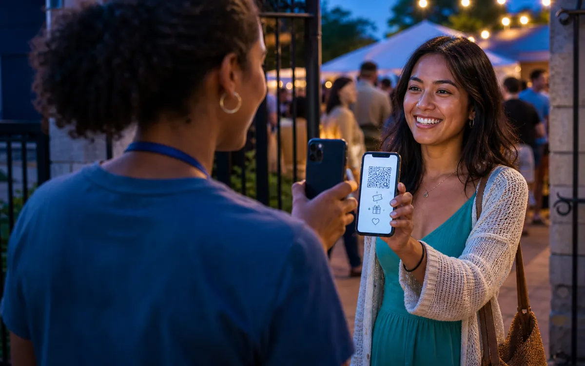An attendee showing a phone QR ticket to a staff member scanning it at an outdoor event gate