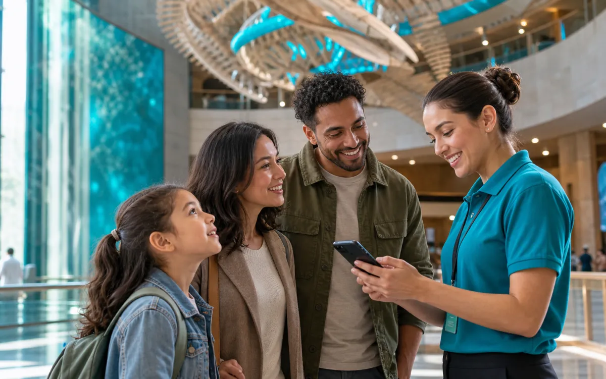 A museum staff member welcoming a family at admissions in the museum atrium