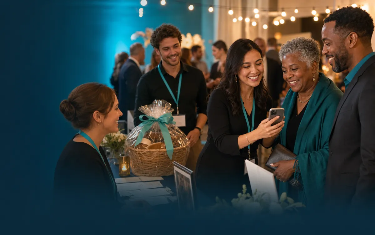 Guests at a nonprofit fundraising gala checking event details on a phone