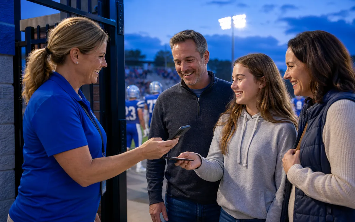 A school staff member checking a family in at a Friday-night football game gate